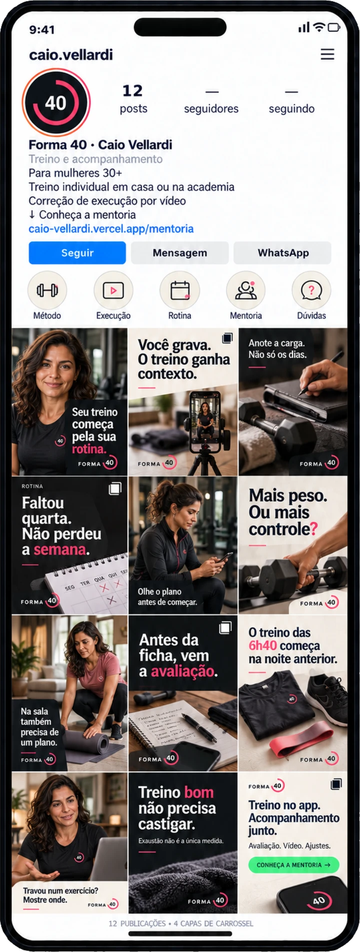 Prévia do perfil de Forma 40 · Caio Vellardi no Instagram, no celular: bio, destaques e a grade de posts.
