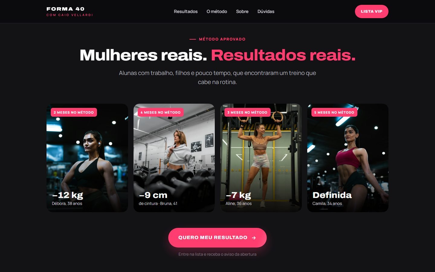 Seção “Mulheres reais. Resultados reais.”: quatro cartões de alunas com o tempo de método, o resultado e nome e idade.