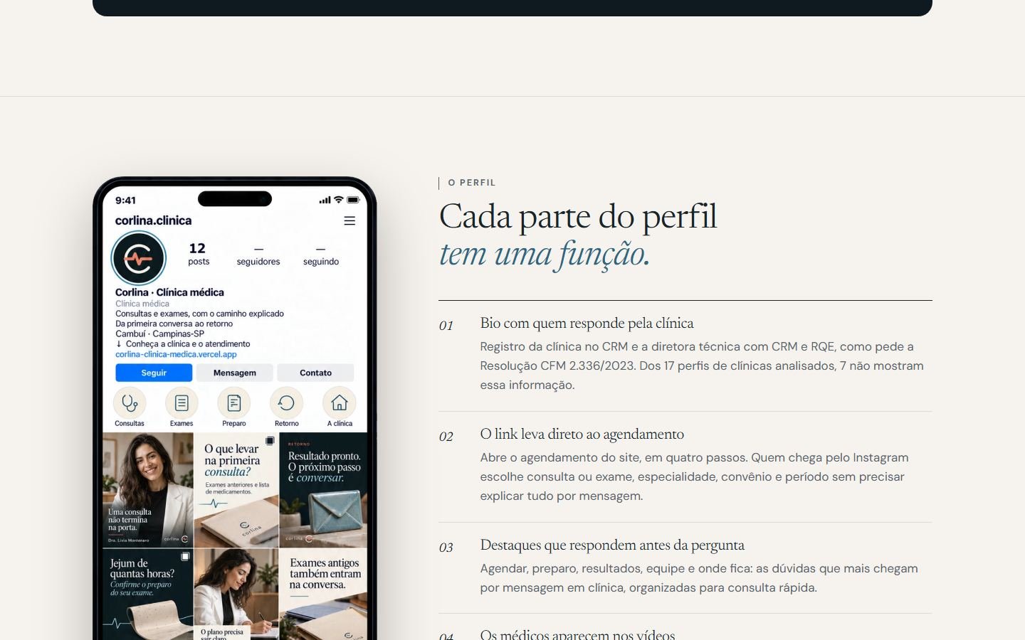Página do planejamento de Instagram da Corlina: simulação do perfil no celular, com a bio da diretora técnica, destaques e grade de posts em noite e marfim, ao lado da explicação de cada parte.