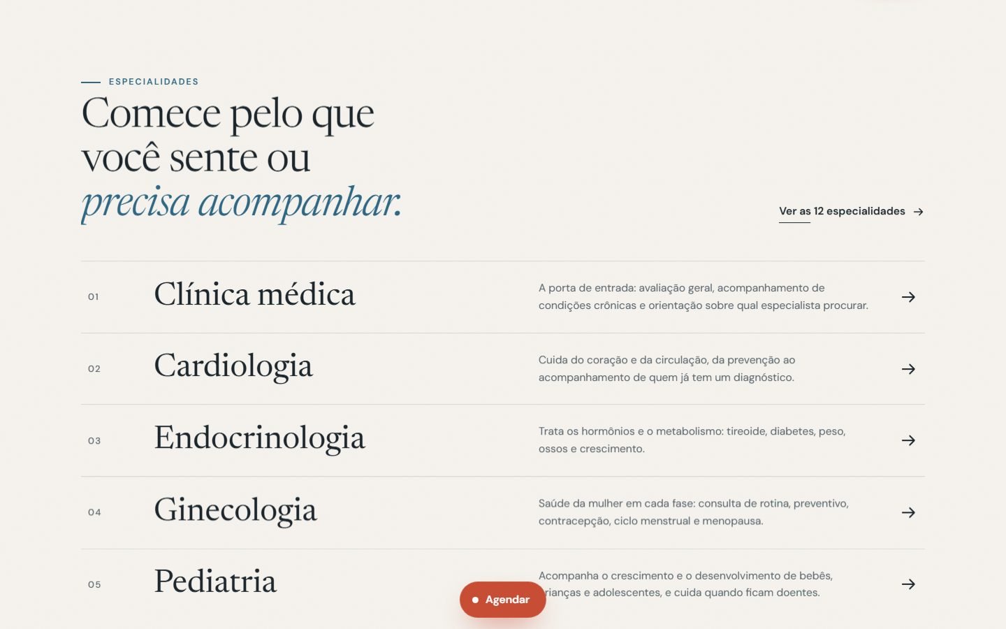 Lista de especialidades em linhas finas: clínica médica, cardiologia, endocrinologia, ginecologia e pediatria, cada uma com uma frase.