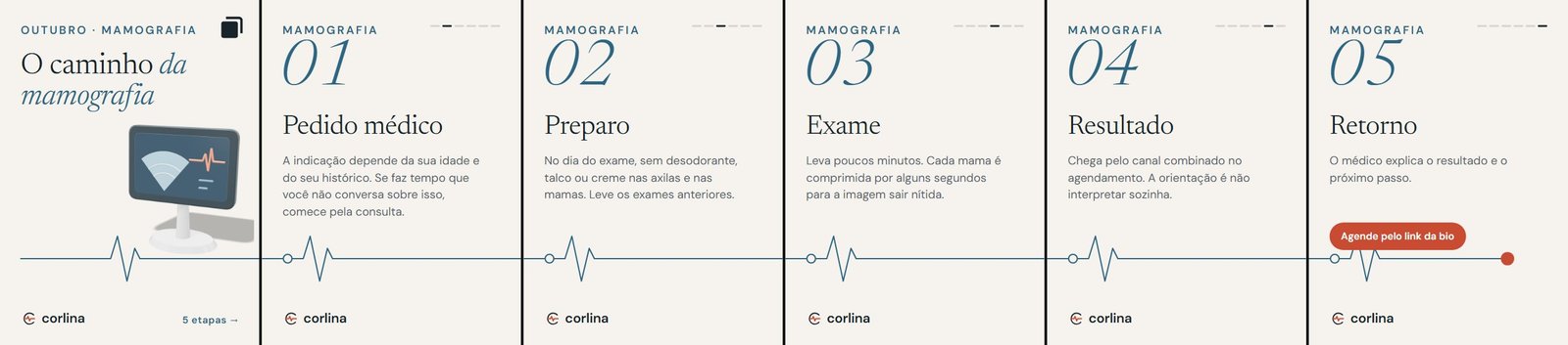 Seis telas do carrossel: capa “O caminho da mamografia” e as etapas 01 pedido médico, 02 preparo, 03 exame, 04 resultado e 05 retorno, ligadas por uma linha de pulso que atravessa todas as telas.