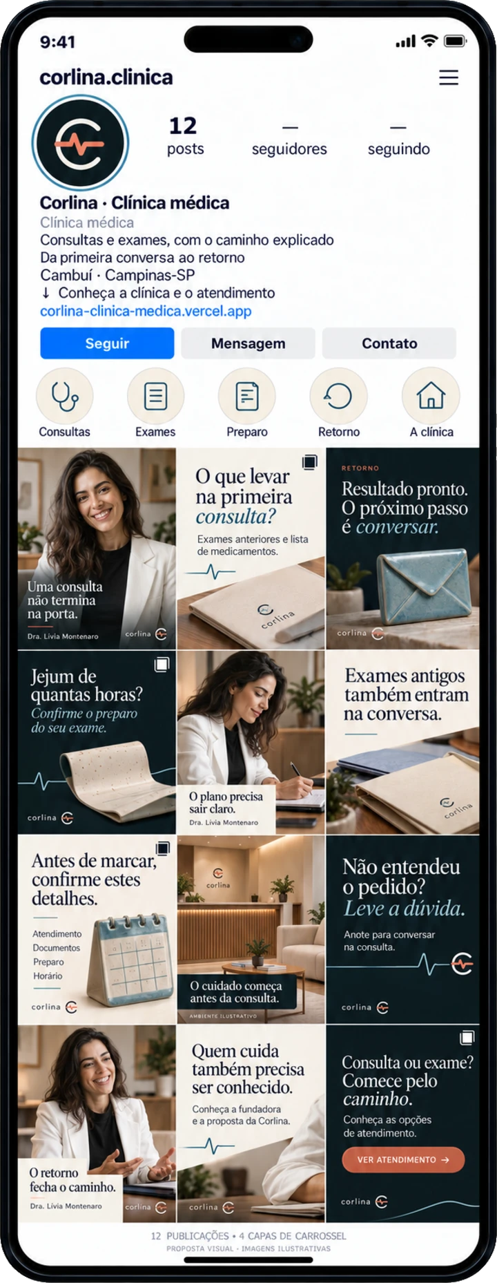 Prévia do perfil de Corlina no Instagram, no celular: bio, destaques e a grade de posts.