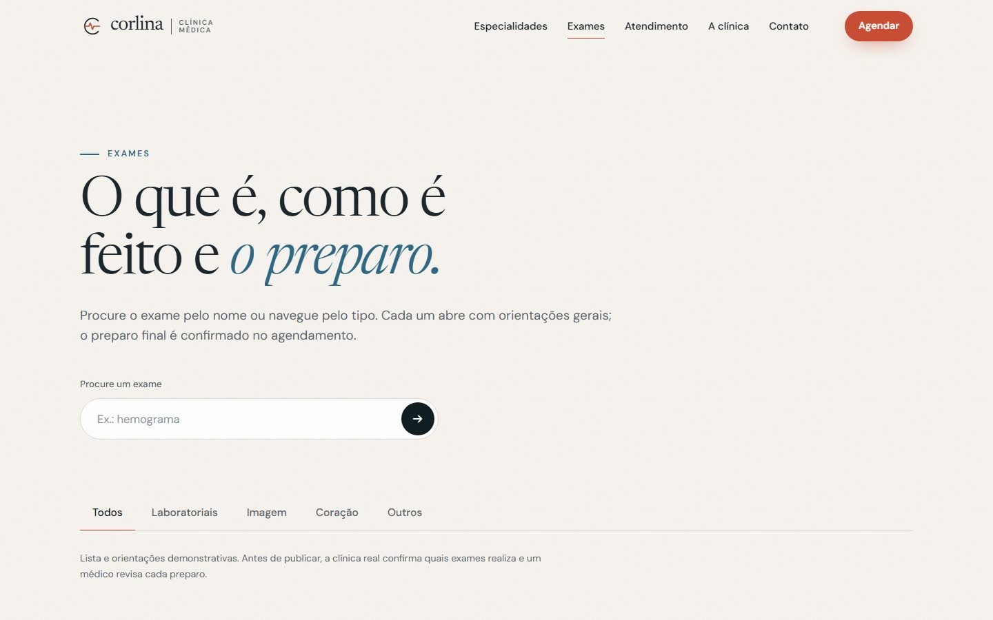 Página de exames: título “O que é, como é feito e o preparo”, busca e abas por tipo.