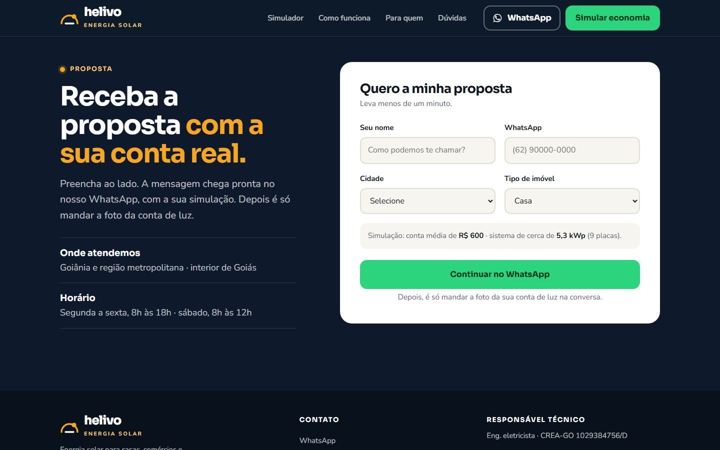 Seção “Receba a proposta com a sua conta real.”: formulário com nome, WhatsApp, cidade e tipo de imóvel, e o resumo da simulação.