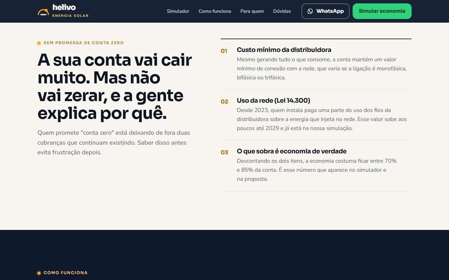 Seção “A sua conta vai cair muito. Mas não vai zerar, e a gente explica por quê.”: custo mínimo da distribuidora, uso da rede pela Lei 14.300 e o que sobra de economia.