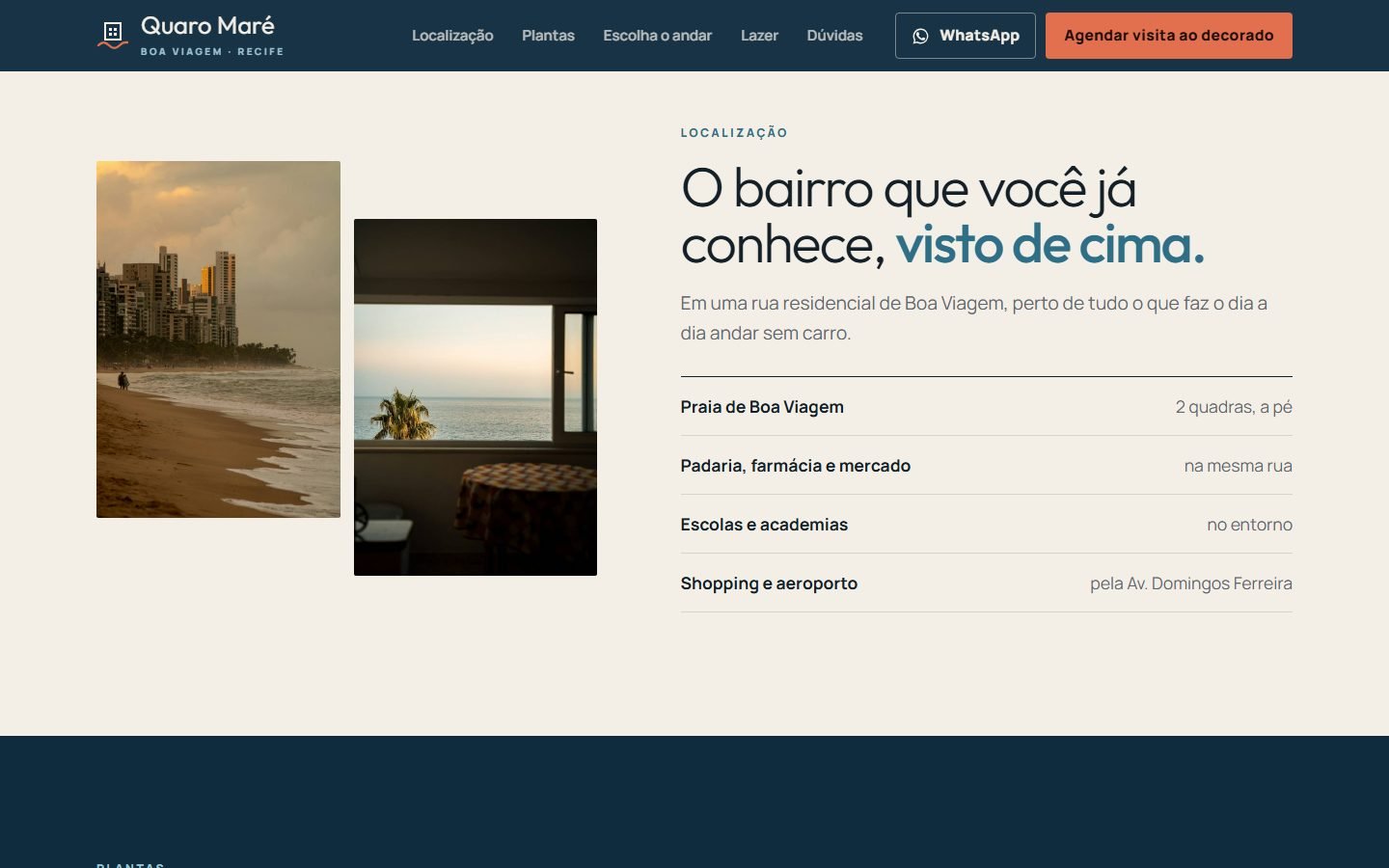 Seção “O bairro que você já conhece, visto de cima.”: duas fotos da orla e a lista de distâncias a pé.