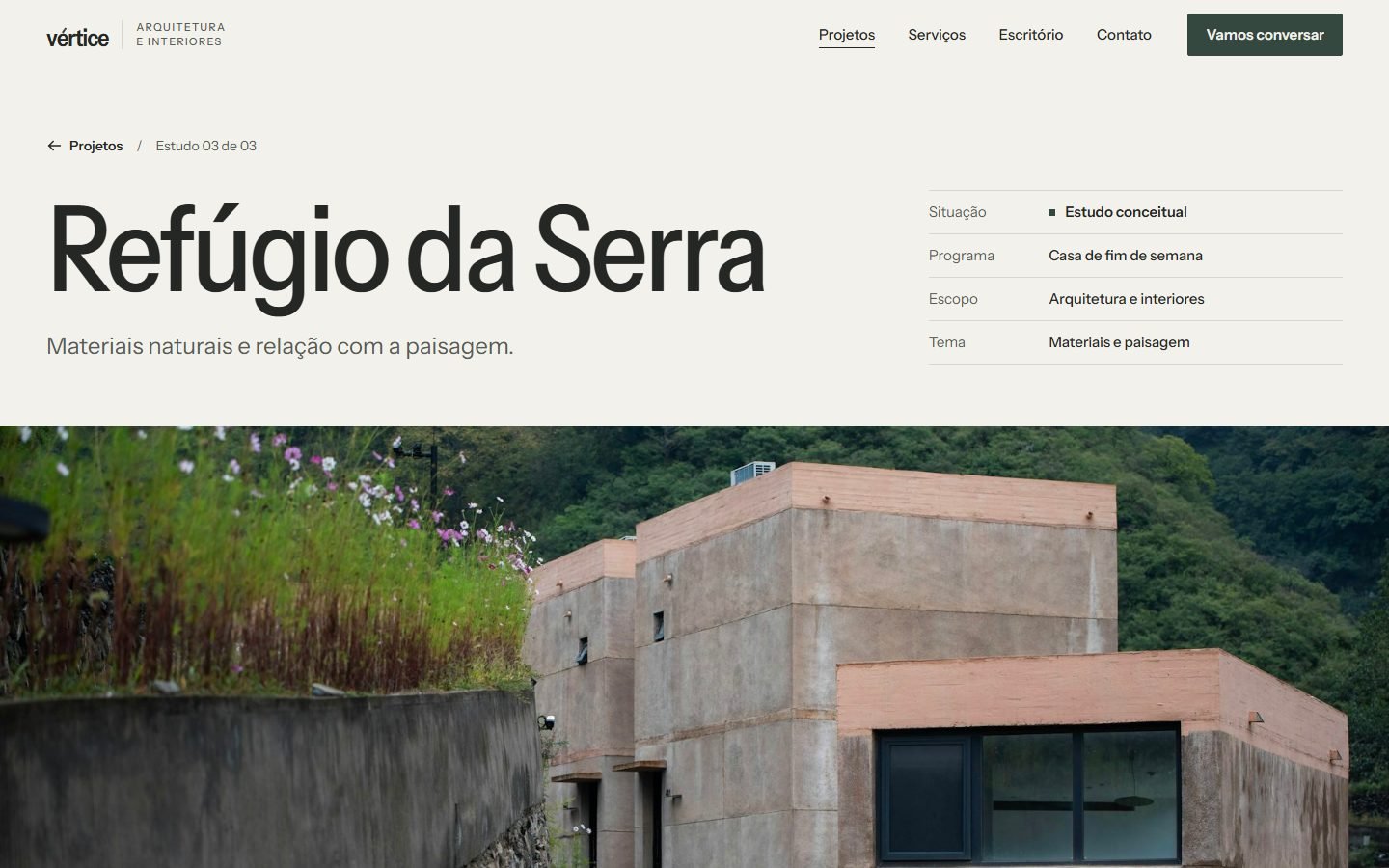 Página do estudo Refúgio da Serra: título grande, ficha com a situação “Estudo conceitual”, programa, escopo e tema, e a foto de volumes de concreto na encosta.