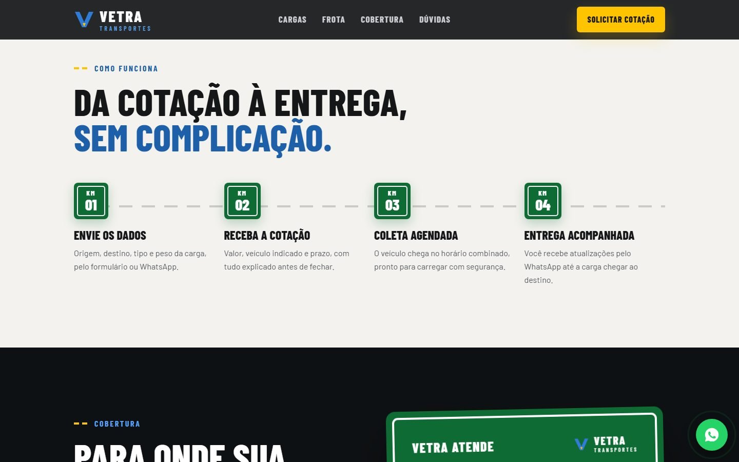 Seção “Da cotação à entrega, sem complicação.”: quatro etapas como placas de quilômetro sobre uma linha tracejada.