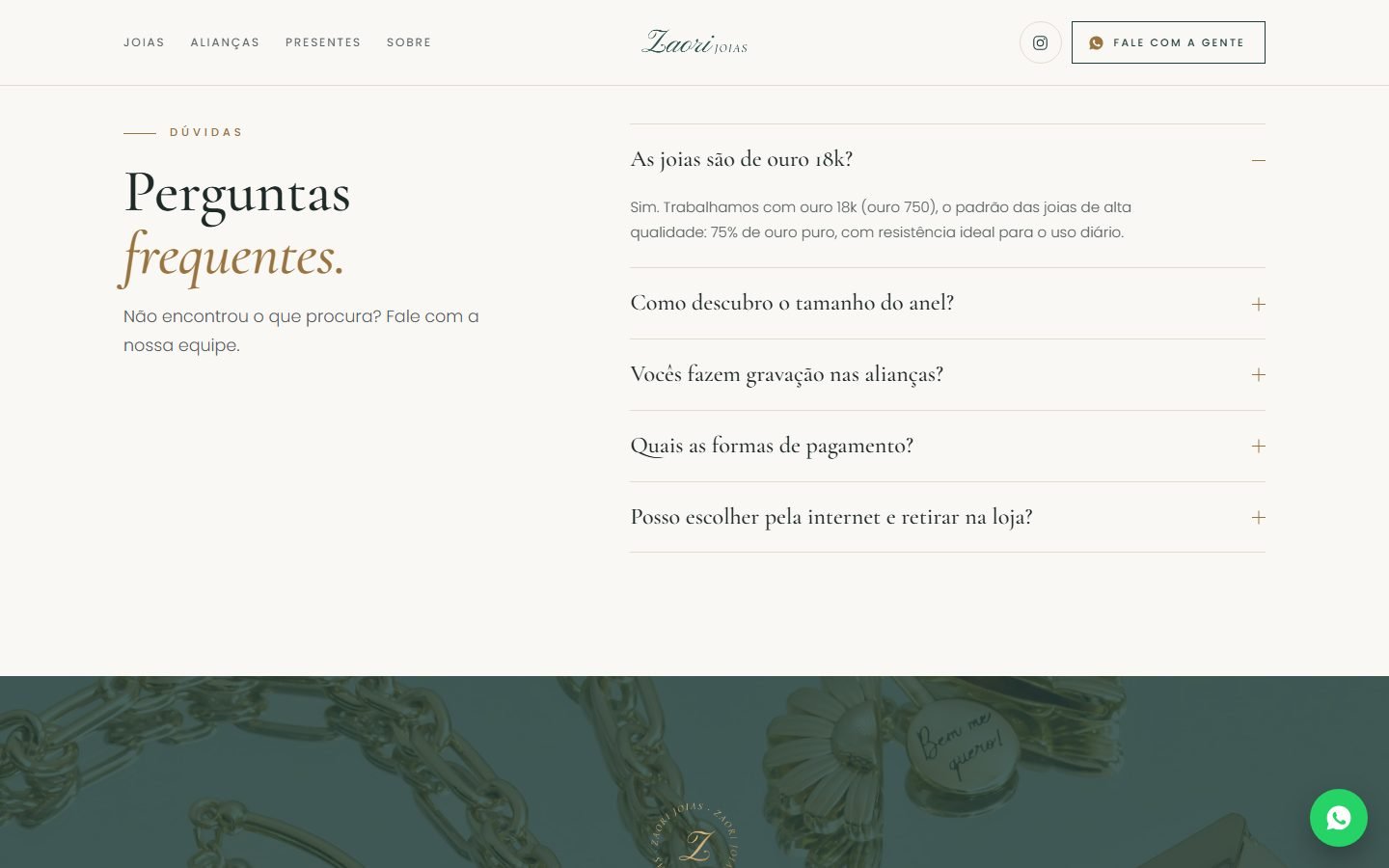 Perguntas frequentes: ouro 18k, tamanho do anel, gravação, formas de pagamento e retirada na loja.